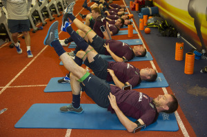 England Senior Men's Physiotherapist Steve Kemp took the players through a warm up session