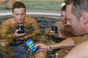 The Samsung Galaxy S5 handset can be submerged in up to one metre of water for 30 minutes, so the players were able to take ice bath 'selfies'!