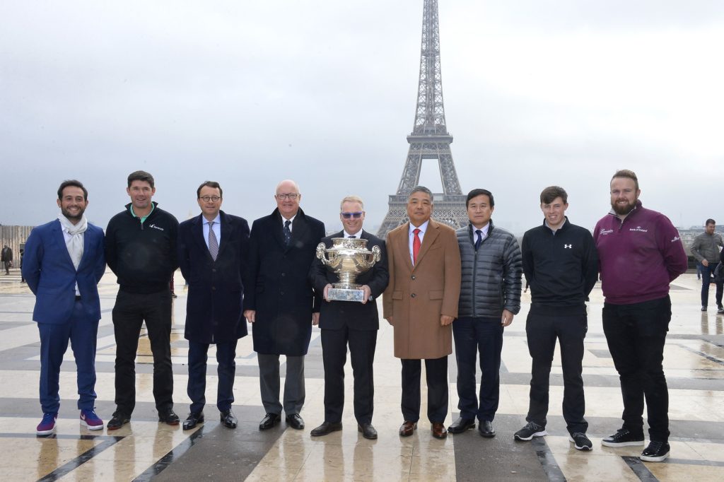 (L-R) Alexander Levy, Padraig Harrington, Jean Louis Charon, Keith Pelley, Chen Wenli, Yang Guang, Matthew Fitzpaterick and Shane Lowry attend a photocall before the Open de France press conference on January 9, 2017 in Paris, France. (Photo by Aurelien Meunier/Getty Images)