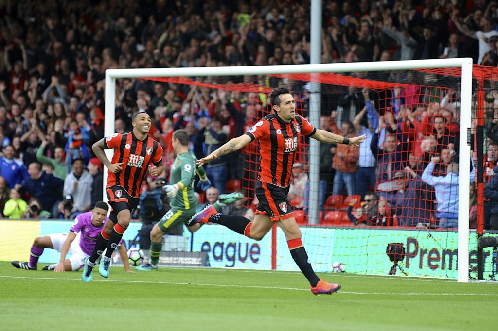 BOURNEMOUTH, UK, 15TH OCTOBER, 2016. Charlie Daniels of Bournemouth celebrates after he makes it 1-0 during the Premier League match between Bournemouth and Hull City at Vitality Stadium, Bournemouth, England on 15 October 2016. Photo by Robin Jones/Digital South.